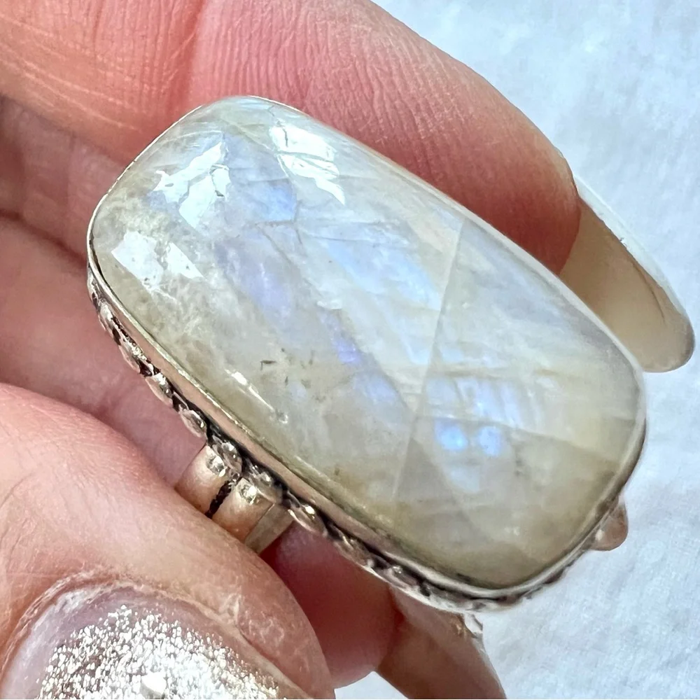 925 *flaw* Blue Flash PEACH MOONSTONE Ring 7.5 - Picture 4 of 12